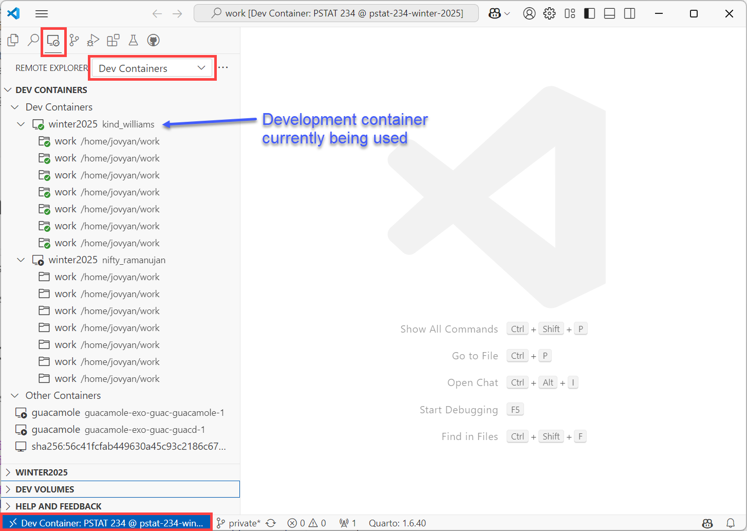 remote explorer listing all containers, highlighting container in use